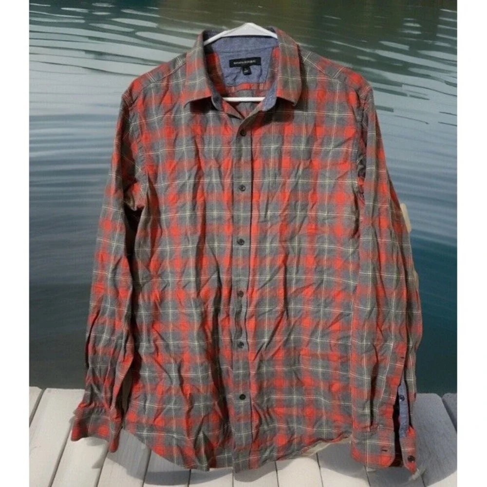 Men's‎ Banana Republic Button Up Flannel Shirt Red Gray Windowpane Check-L